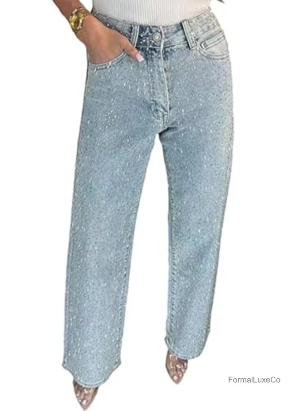 Rhinestone High Waisted Wide Leg Jeans Sparkly Stretch Denim Party